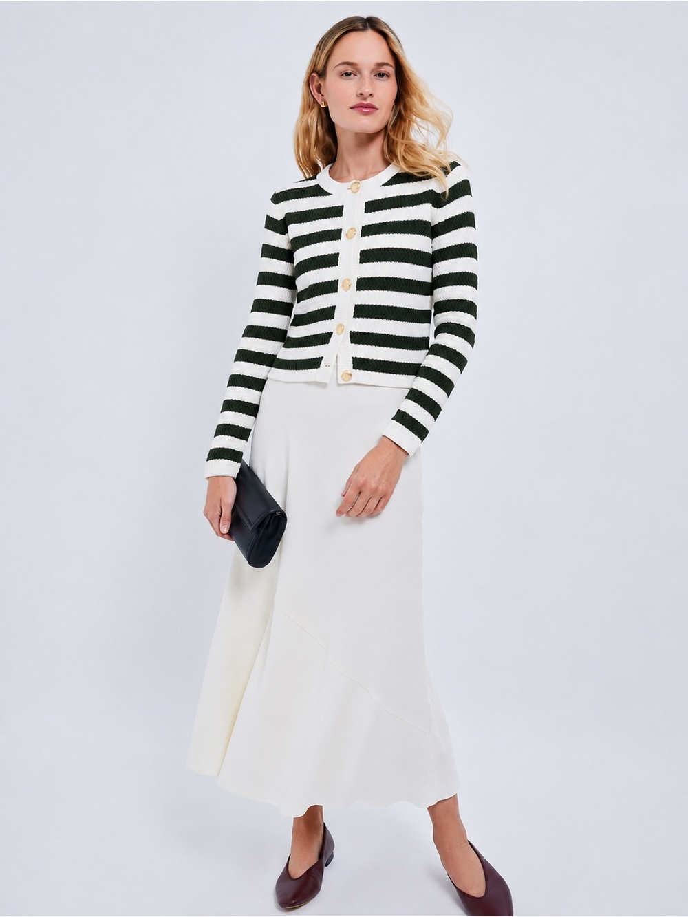 Ann Taylor | Hunter Green Striped Cotton Cardigan w/ Gold Buttons ~ XS